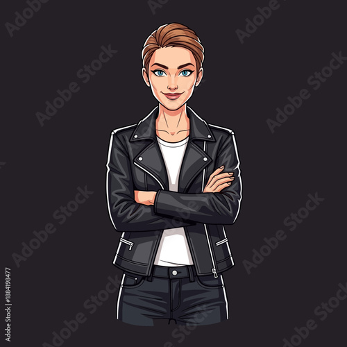 Young Woman Wearing Black Leather Jacket.