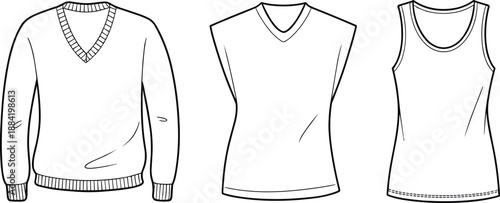 Women top and tank top vector illustration set, sleeveless shirt fashion flat, apparel technical drawing, clothing design elements