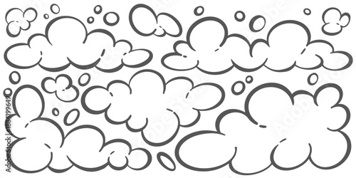 Soap foam with bubbles. Bath suds vector outline illustration on white background. Abstract funky playful design elements. Shampoo fizzy clouds