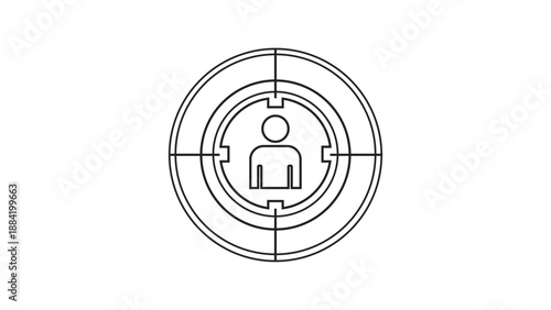 Targeted Audience Icon: Outline Vector of Human Silhouette in Crosshair Target. Customer focus, CRM, demographic marketing, and user tracking symbol.