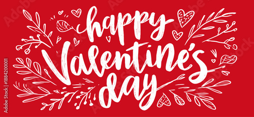 Calligraphy Happy Valentine's Day lettering on a red background with hearts and leaves. Happy Valentine's Day calligraphy lettering on red background