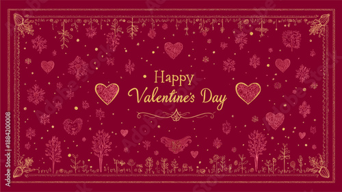 Gold happy Valentine's Day text on a red background with decorative floral elements. Happy Valentine's Day gold glitter greeting with floral ornament