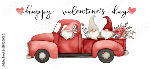 Red vintage truck carrying two gnomes, hearts, and roses with Happy Valentine's Day text. Red truck carrying gnomes, hearts, and roses for Valentine's Day