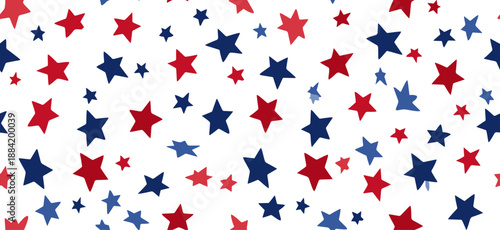 Red and blue stars forming a cheerful, seamless American flag inspired pattern. USA colors star pattern creating a patriotic background