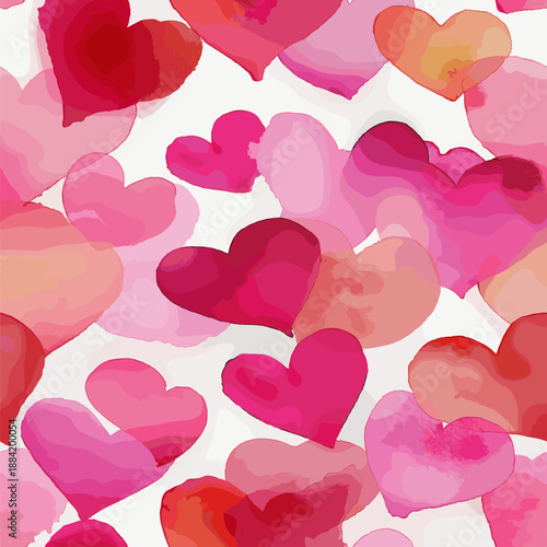 Watercolor hearts creating a seamless pattern in shades of pink and red on a white background. Seamless watercolor heart pattern for Valentine's Day love