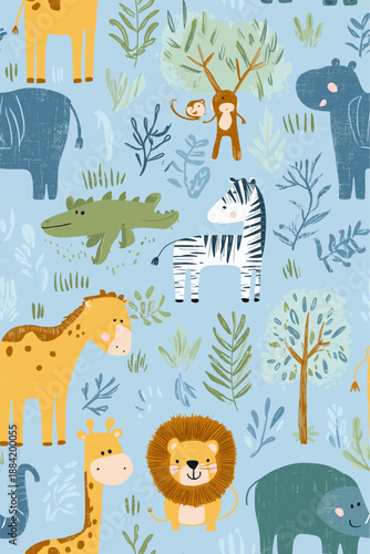 Safari animals pattern with giraffes, elephants, and lions on a light blue background. Cute cartoon jungle animals seamless pattern