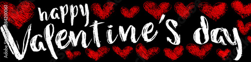 White handwritten Happy Valentines Day text surrounded by red hearts on a black background. Happy Valentines Day greeting text with red hearts