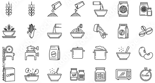 Food Preparation and Ingredient Icon Set – 30 Black-and-White Line Symbols of Cooking Stages and Pantry Items
