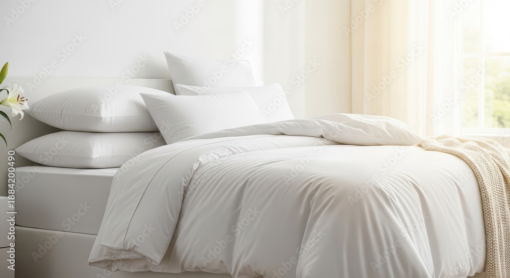 Obraz premium A serene and comforting close-up view of a perfectly made white bed featuring soft, layered textiles and plump pillows inside a bright, calm sleeping space, sleeping, sleep, blanket