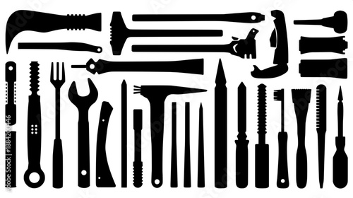 Carpentry and mechanical tools in black silhouette, arranged neatly, vector clipart style, high contrast