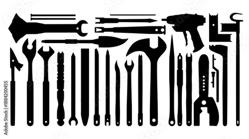 Carpentry and mechanical tools in black silhouette, arranged neatly, vector clipart style, high contrast