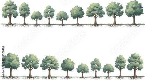 Two rows of 13 trees with varied spacing and size, illustrating visual perception, spatial organization, and comparative tree forms for design reference, artistic study, or educational exploration