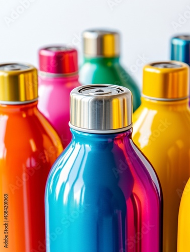 Collection of reusable bottles featuring a range of vibrant colors for lids and bodies.
