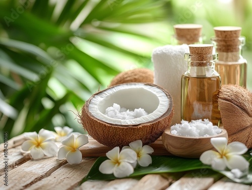 Tropical spa setup with coconut oil, sea salt, frangipani flowers and natural beauty products.
