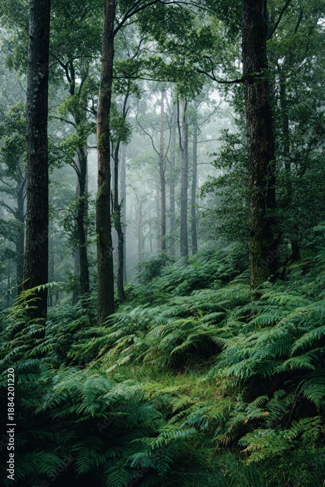 Obraz premium Misty woodland with lush ferns and tall tree trunks