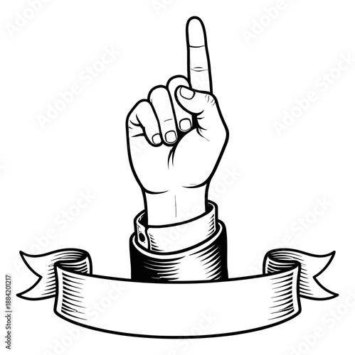 Retro line art illustration of a hand depicting an index finger pointing up with a blank banner for design
