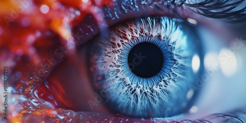The image shows a close-up view of an eye with striking blue irises and a black pupil at the center. The background has digital glitches with bright red and white streaks running across it