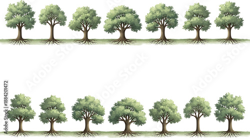 Two rows of trees with green leafy canopies and brown trunks arranged on grassy ground for visual comparison, illustrating quantity, spacing, and arrangement concepts in educational or design contexts
