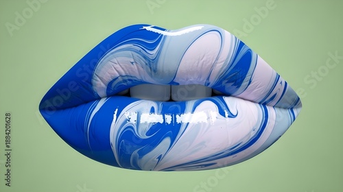 : Abstract Botanical Marble Lips in Vibrant blue and Magenta on Minimal green  Background