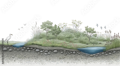 Cross-sectional illustration of wetland ecosystem with ponds, vegetation, soil layers, and wildlife, highlighting biodiversity, habitat structure, and ecological functions for educational and design a