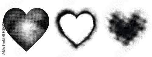 A collection of three distinct heart graphics rendered using a halftone or dot matrix effect on a white background. 