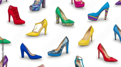 Seamless High-Fashion Pattern of Colorful Designer High Heels on Clean White Background