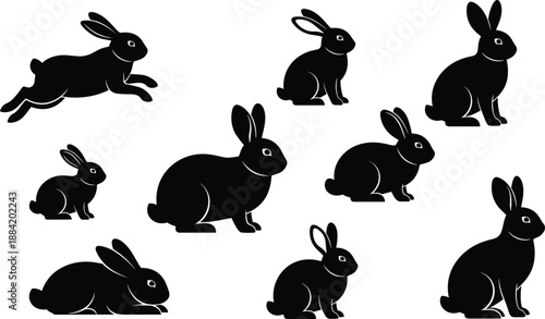 Rabbit running and sitting silhouettes set, cad drawing flat vector illustration, cute bunny poses, black animal icons, minimal wildlife collectionRabbit running and    