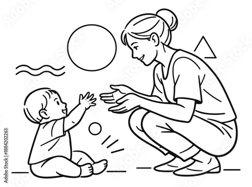 Simple line art illustration of a mother and baby depicting interaction and care for early childhood development