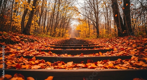 Leading lines of a rustic staircase covered in amber foliage ascending into a quiet, sun-drenched autumn woodland setting
