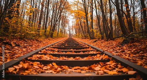 Rustic wooden steps lead the viewer through a dense forest path covered in thick layers of orange autumn leaves