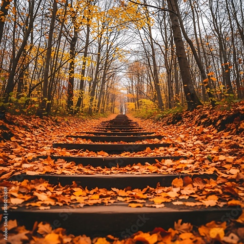 Beautiful wooden forest steps blanketed with vibrant orange fallen leaves during a peaceful autumn day in the tall woods