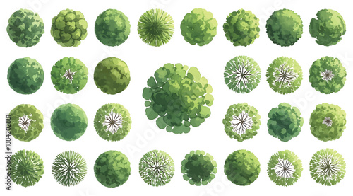 Grid of 27 top-down tree illustrations with varied green canopy textures and internal structures, featuring a central focal tree for use in landscape design, architectural planning, and environmental 