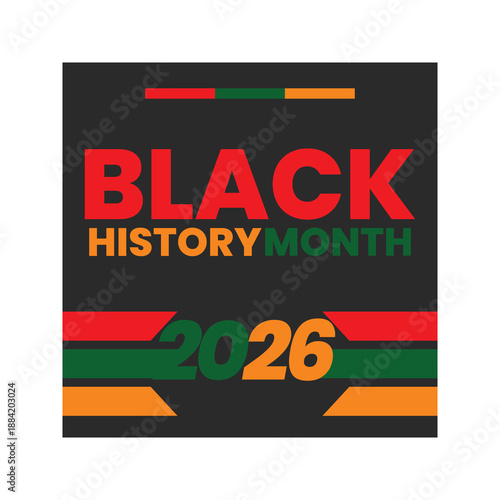 Black History Month 2026 Vector Poster: Square Celebration Banner with Pan-African Colors on Dark Background