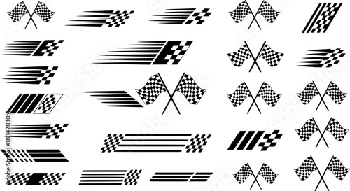 Racing Stripes and Checkered Flag Vector Set. Racing Banner Vectors speed Lines, checkered flag designs