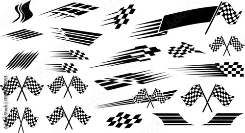 Racing Stripes and Checkered Flag Vector Set. Racing Banner Vectors speed Lines, checkered flag designs