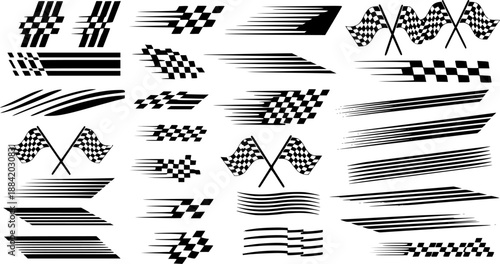 Racing Stripes and Checkered Flag Vector Set. Racing Banner Vectors speed Lines, checkered flag designs