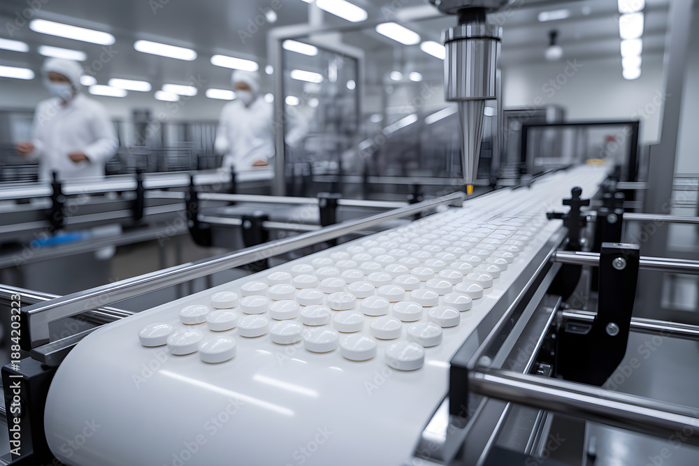 Obraz premium Pills moving along production line in modern factory