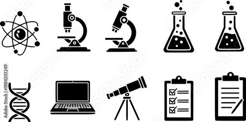 Education and science glyph icon set. Vector pictograms of atom, microscope, test tube, flask, telescope, dna, laptop, checklist, clipboard, black sign silhouette illustration.