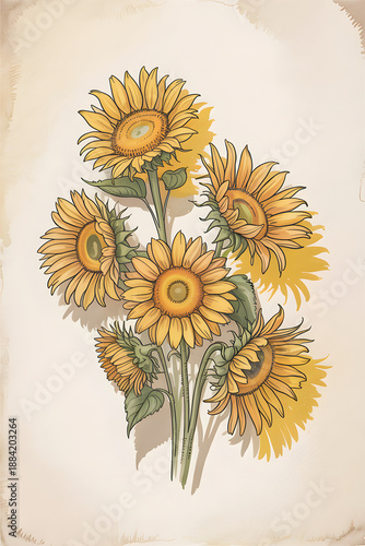 Hand drawn sunflowers bouquet with vintage watercolor texture background