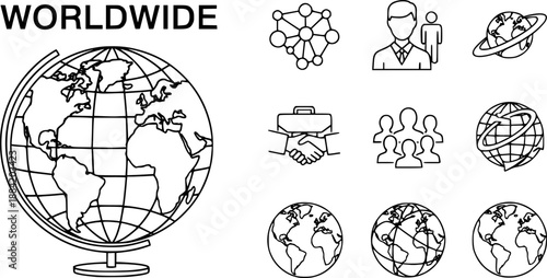 Worldwide icon set. Containing globe, world, international, global, earth, network, sphere, planet, citizen, business, population and more.