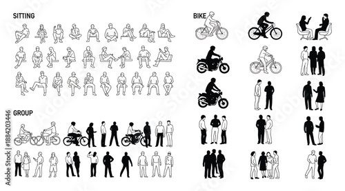 Detailed black and white vector illustration set of diverse human figure silhouettes showing sitting positions, group interactions, everyday postures, and motion studies for design, animation, educati