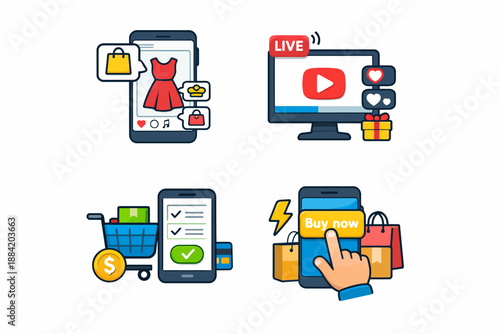 Online shopping and streaming icons: e-commerce, live video, mobile payments