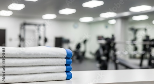 Stack of white gym towels with blue trim on a table in a fitness center or gym with exercise equipment