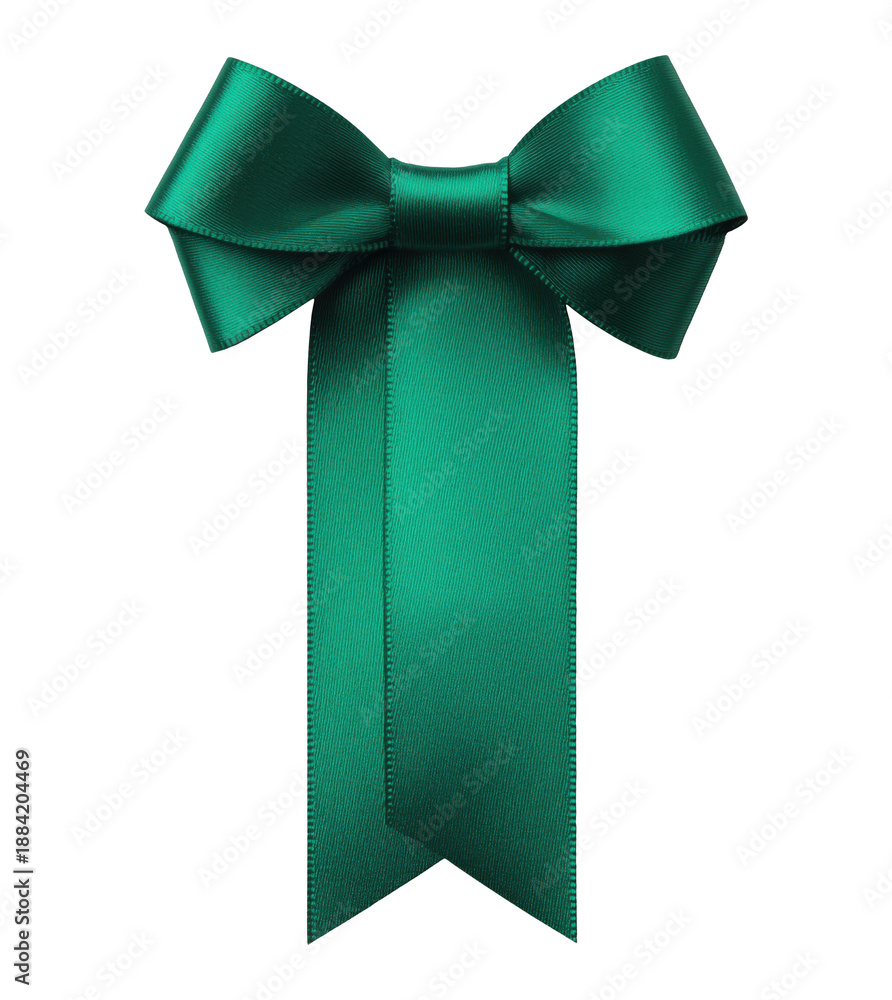 Fototapeta premium Emerald green satin ribbon bow with vertical tails, isolated on transparent background