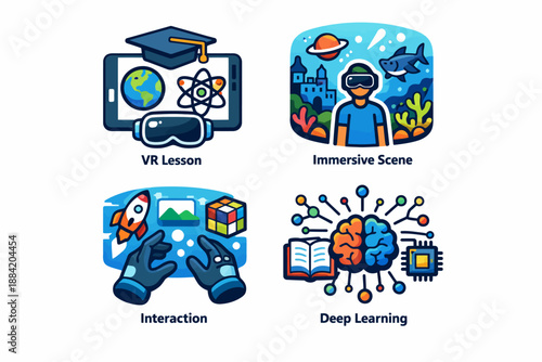 Virtual reality education and innovation concepts illustrated in vibrant icons