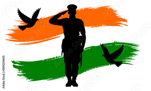 Indian soldier silhouette saluting against tricolor brush strokes background, patriotic Indian Army Day and Republic Day vector illustration, military hero tribute isolated on white background