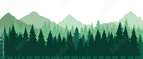 Pine forest with layered mountain silhouettes isolated on transparent background ideal for overlays borders banners posters and graphic design. Forest silhouette, vector illustration.