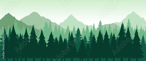 Minimal illustration of evergreen pine forest with layered green mountains creating a calm natural landscape background inspired by wilderness and outdoor scenery. Vector illustration.