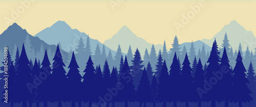 Layered illustration of pine forest with evergreen trees and soft mountain ranges creating a calm natural landscape background. Forest silhouette, vector illustration.