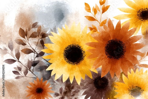 Watercolor sunflowers and autumn leaves creating a vibrant background